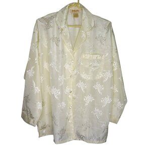 Vintage Womens Floral Satin Button-Up Sleep Shirt Cream Size L Polyester NWT